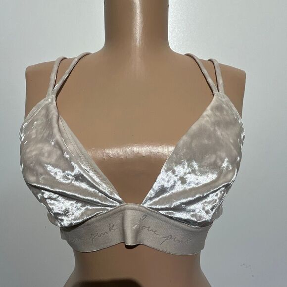 PINK Victoria's Secret Beige Velvet Strappy Back Triangle Brallette Medium - Picture 1 of 9